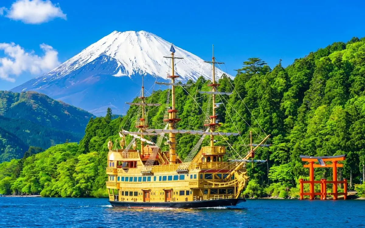 The red torii gate of the Hakone shrine standing at the edge of Lake Ashi
