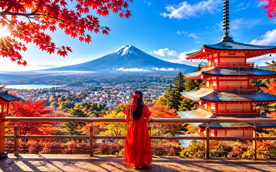 The pagoda above Fujiyoshida with autumn maples and Mount Fuji behind