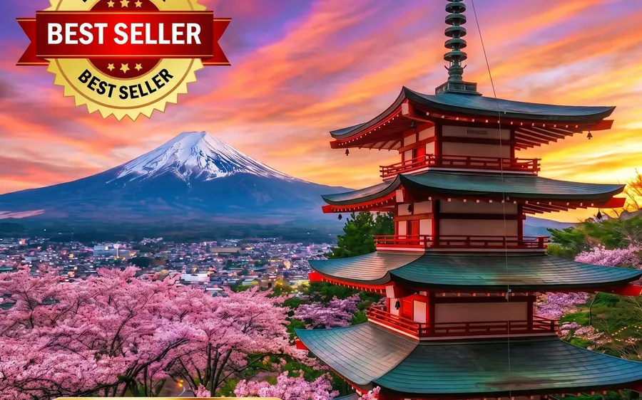 A pagoda and cherry blossom with Mount Fuji behind at sunrise