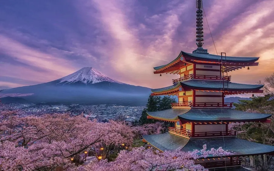 The pagoda and Mount Fuji seen through cherry blossom